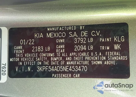 2022 Kia Forte Gt-Line z USA, uszkodzony, nr VIN 3KPF54AD5NE453470